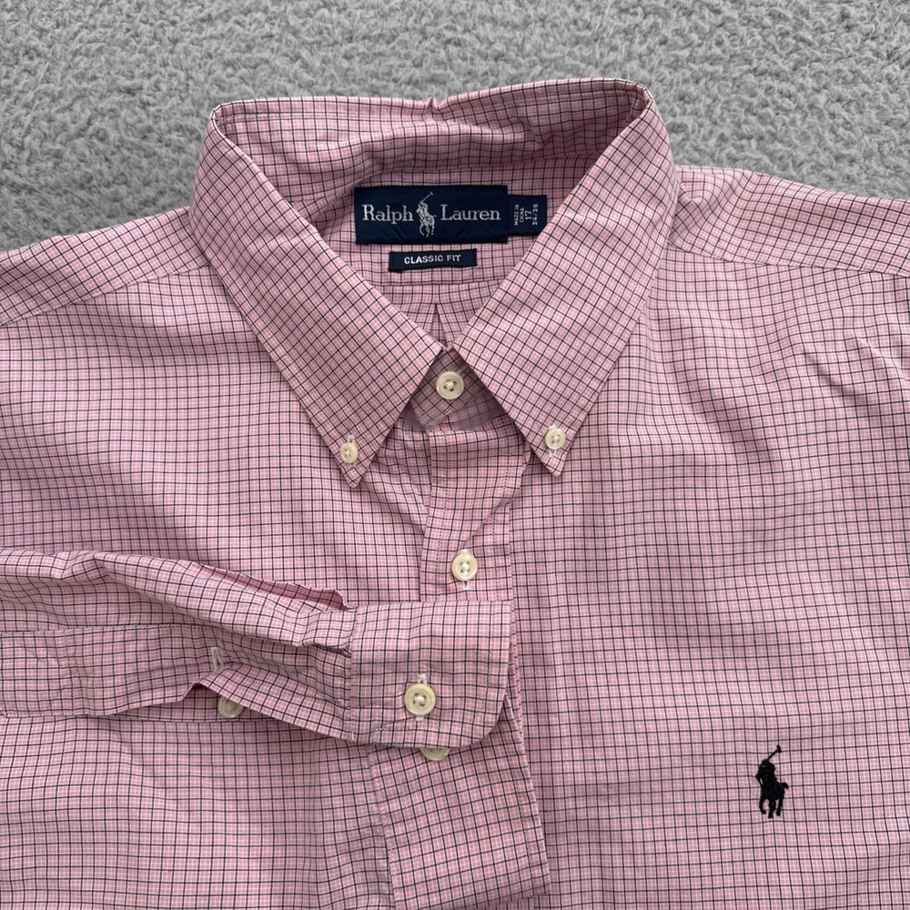 Polo Ralph Lauren Dress Shirt Mens 17 34/35 Pink Blue Plaid Classic Fit Logo